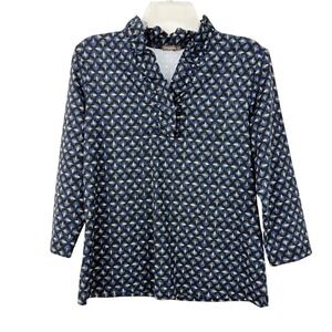 J. McLaughlin Durham Ruffle Top Size L Catalina Cloth Navy Print 3/4 Sleeve